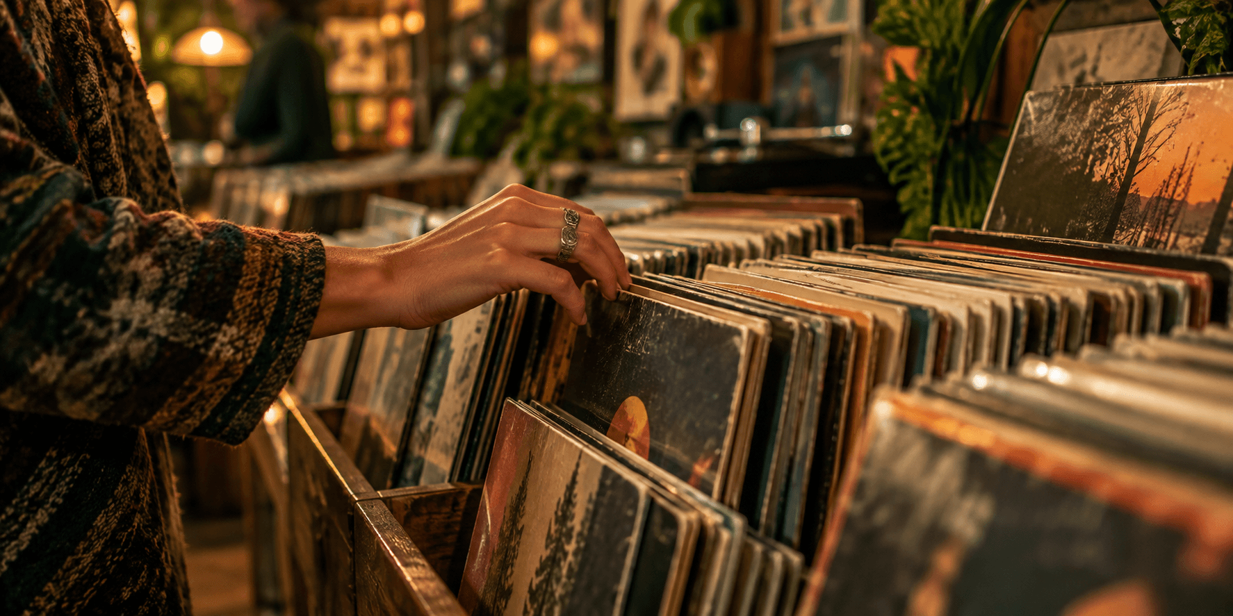 Browsing vinyl at an independent record shop