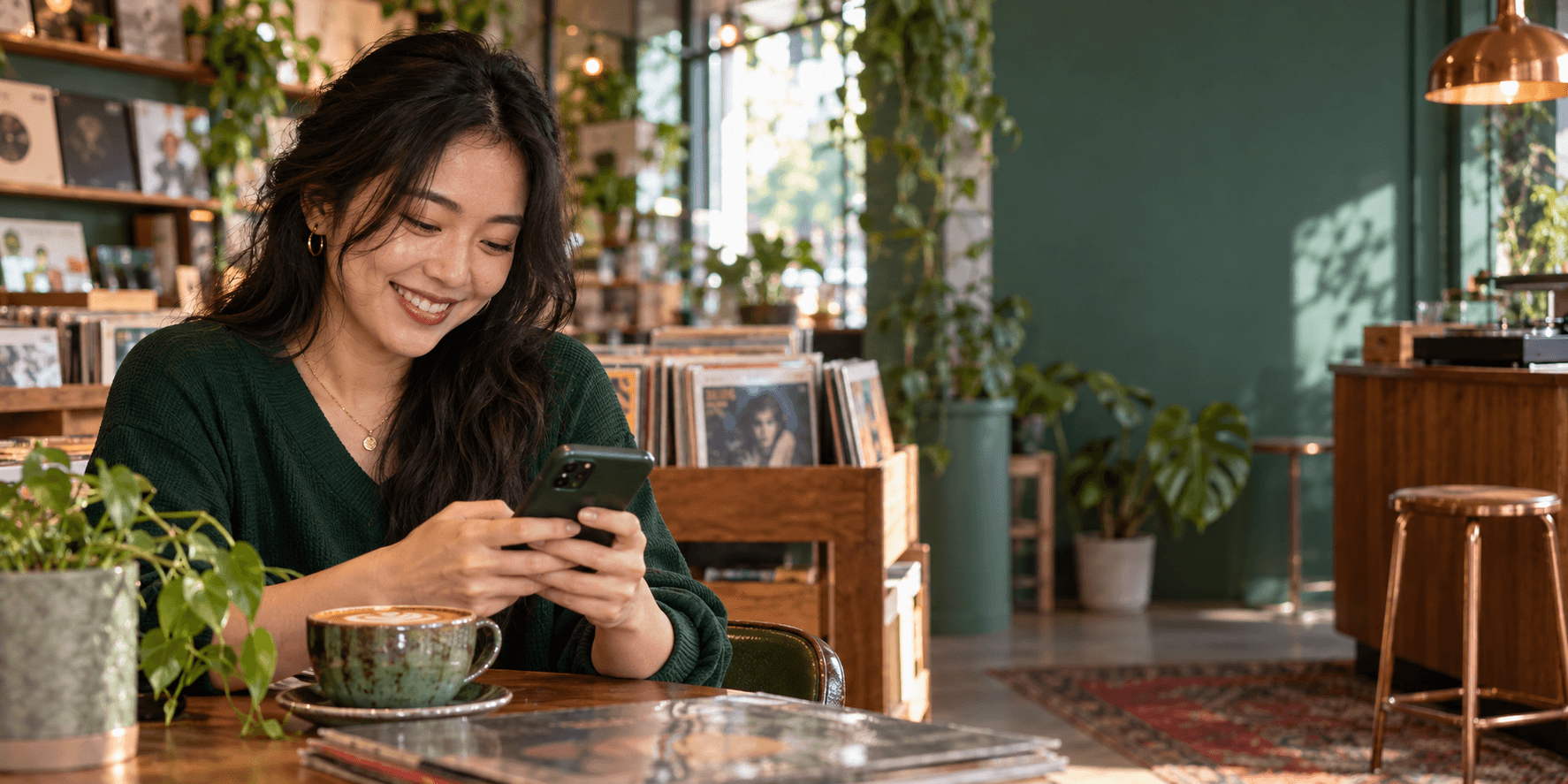A customer using her phone in an independent café