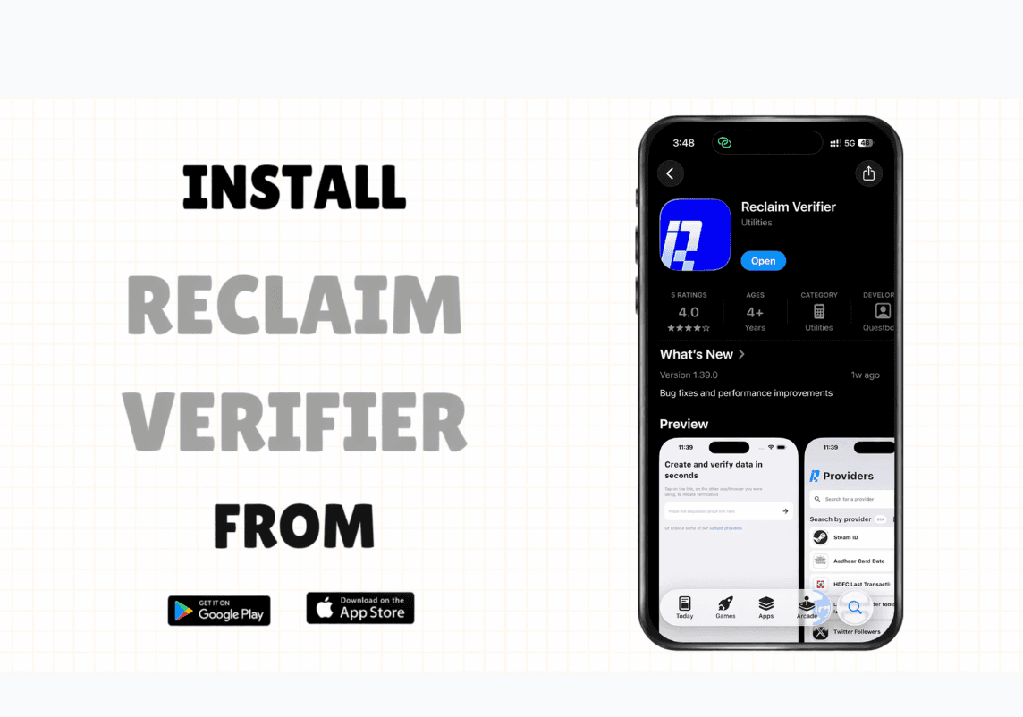 Reclaim Verifier shown in the iPhone App Store, with its actual app previews