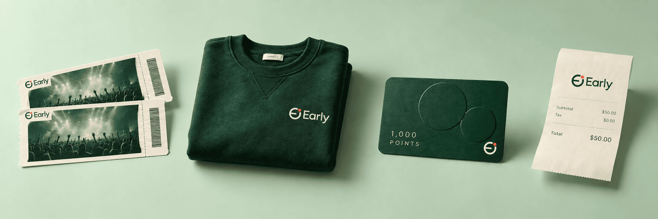 Concert tickets, an Early sweatshirt, a loyalty points card, and a cash reward receipt