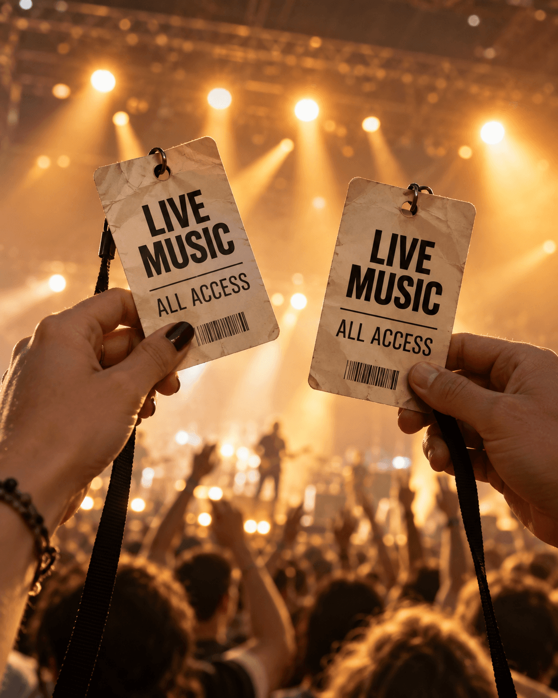 Friends holding all-access concert passes